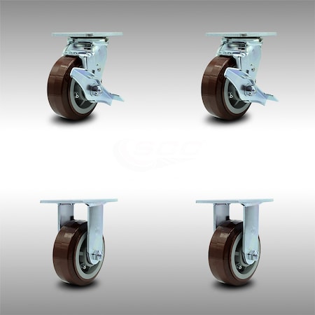 Service Caster 5 Inch SS Polyurethane Caster Set with Roller Bearings 2 Brakes 2 Rigid SCC SCC-SS30S520-PPUR-TLB-2-R-2